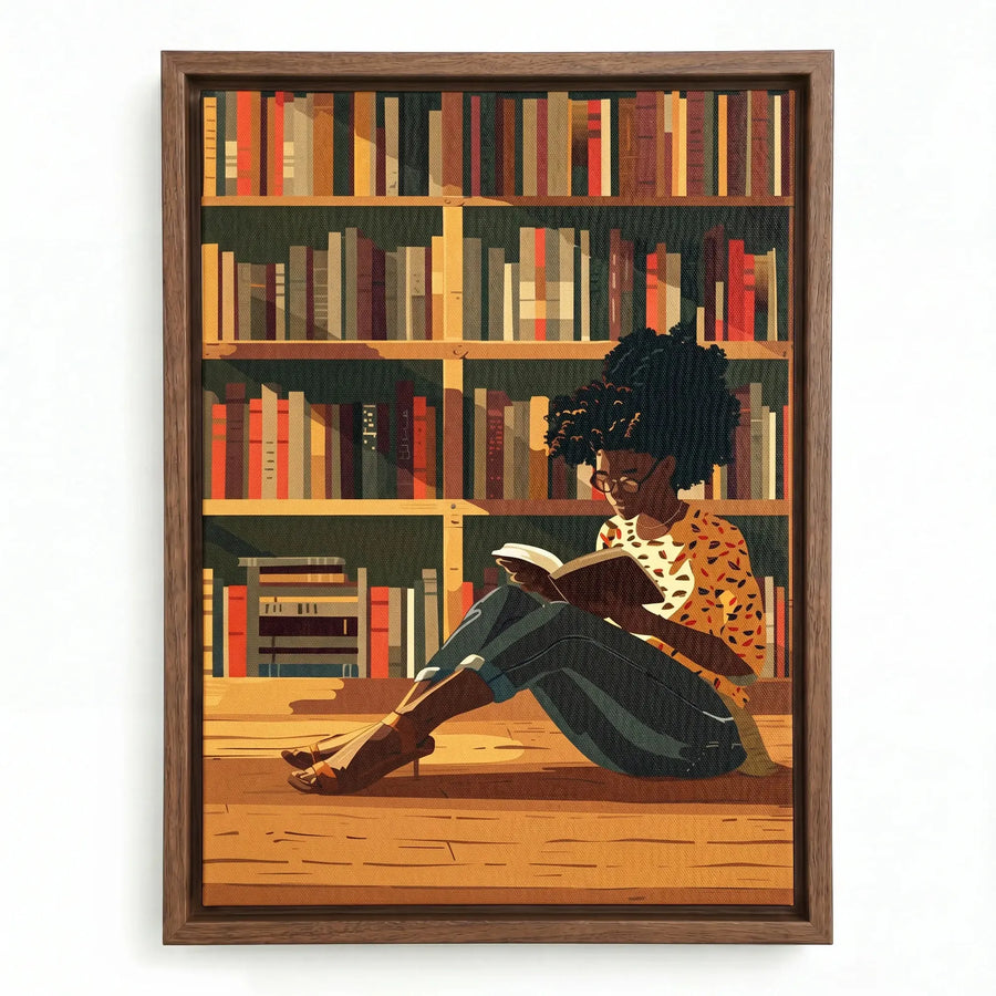 Black girl reading canvas in walnut floating frame, vintage poster Black girl reading book in front of library shelves. Digital mockup.