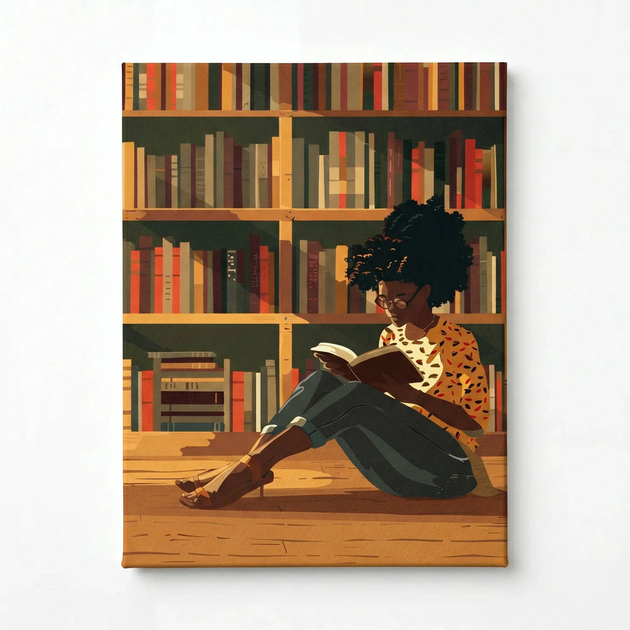 Black girl reading canvas stretched canvas, ready to hang. Stylized Black girl reading book in front of library shelves. Digital mockup.