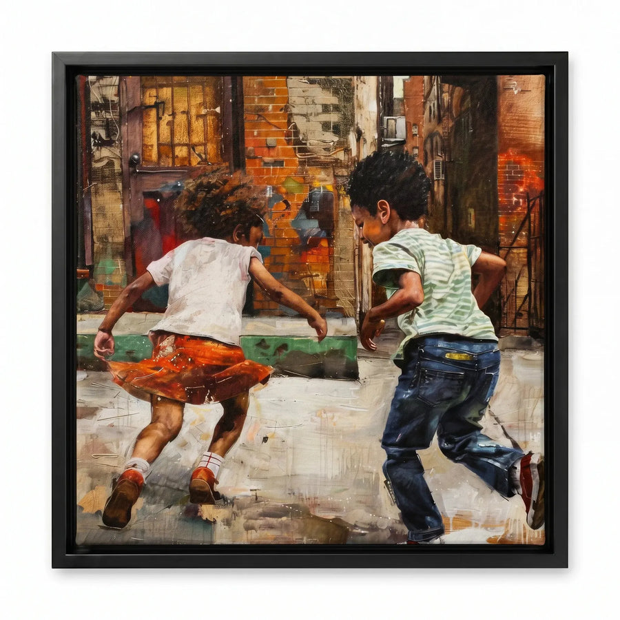 Black children playing art in black floating frame, painterly Black girl and boy running in urban alley after summer rain. Digital mockup.