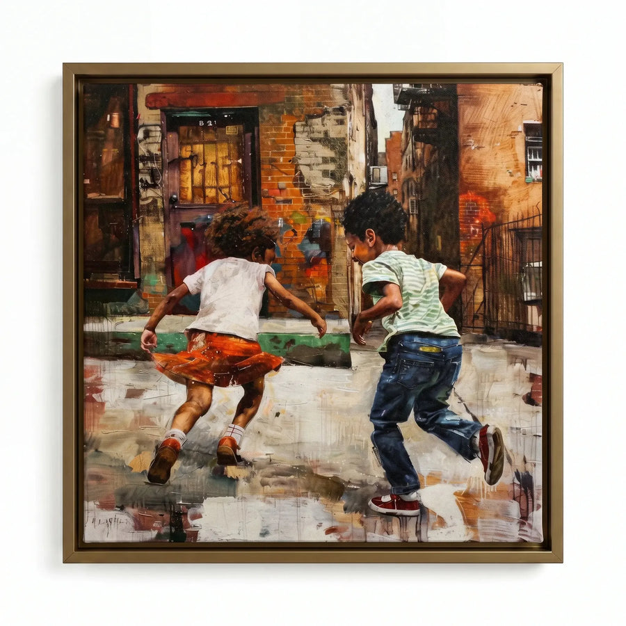 Black children playing art in gold floating frame, joyful painterly Black children running in urban brick alley. Digital mockup.