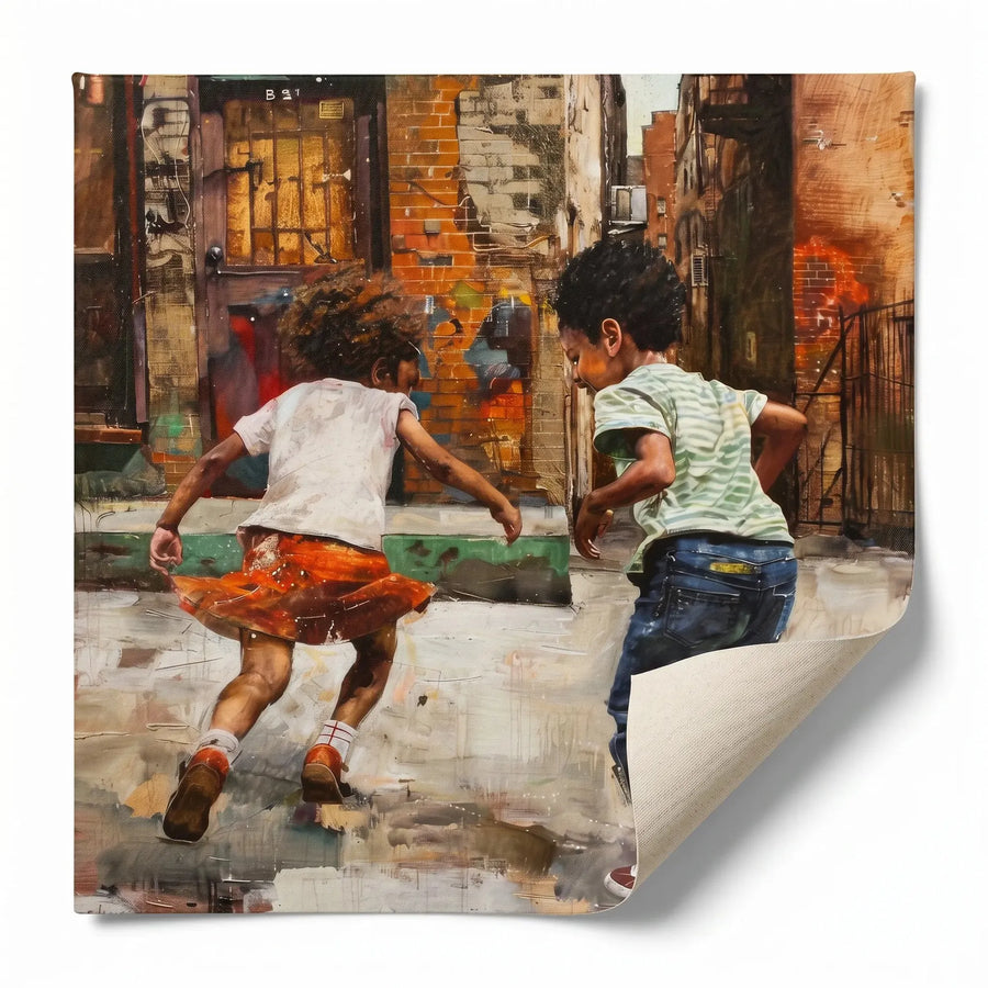 Black children playing art rolled canvas print ready for custom framing, painterly Black children running on wet pavement. Digital mockup.