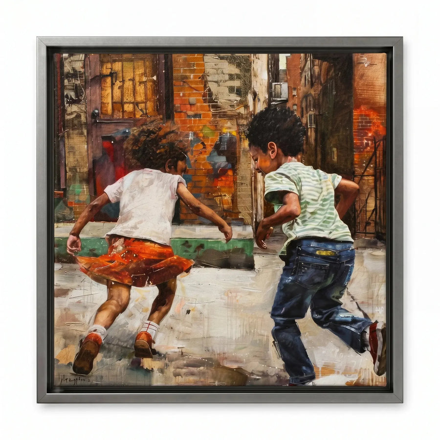 Black children playing art in silver floating frame, modern painterly Black children running on wet urban pavement. Digital mockup.