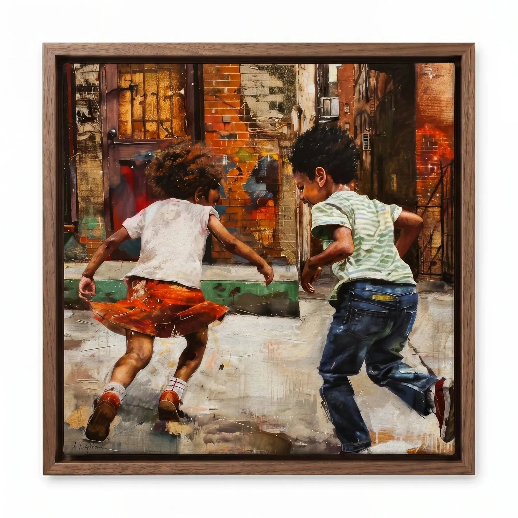 Black children playing art in walnut floating frame, painterly Black children running on wet pavement urban scene. Digital mockup.