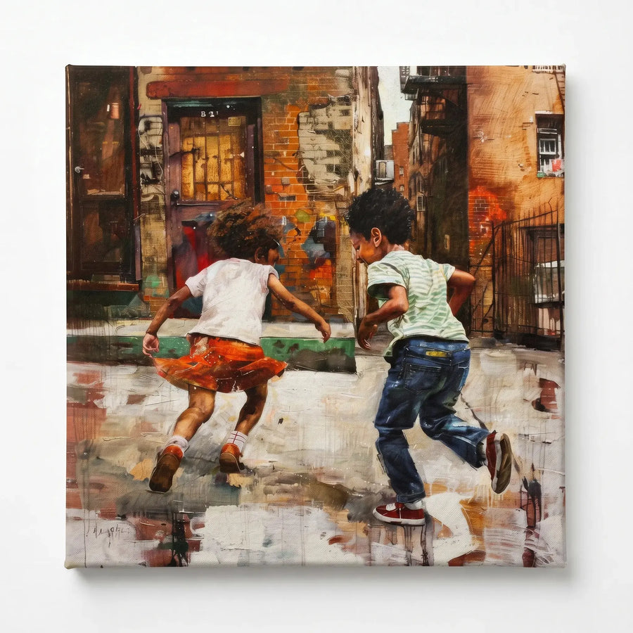 Black children playing art stretched canvas, ready to hang. Painterly Black children running in urban alley after rain. Digital mockup.