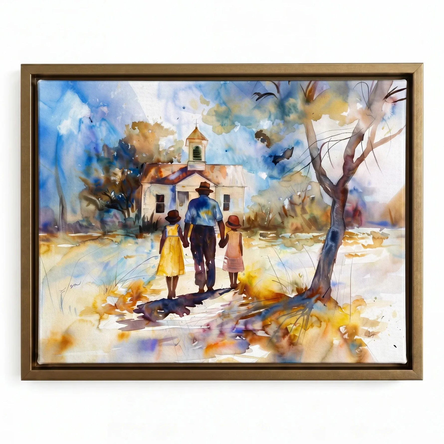 Gullah Geechee Sunday Best art in gold floating frame, Black father with daughters walking to country church. Digital mockup.