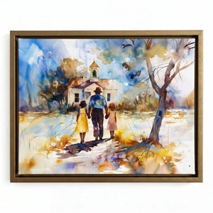 Gullah Geechee Sunday Best art in gold floating frame, Black father with daughters walking to country church. Digital mockup.