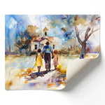 Gullah Geechee Sunday Best art rolled canvas print ready for custom framing, Black family walking to church, watercolor. Digital mockup.