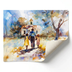 Gullah Geechee Sunday Best art rolled canvas print ready for custom framing, Black family walking to church, watercolor. Digital mockup.