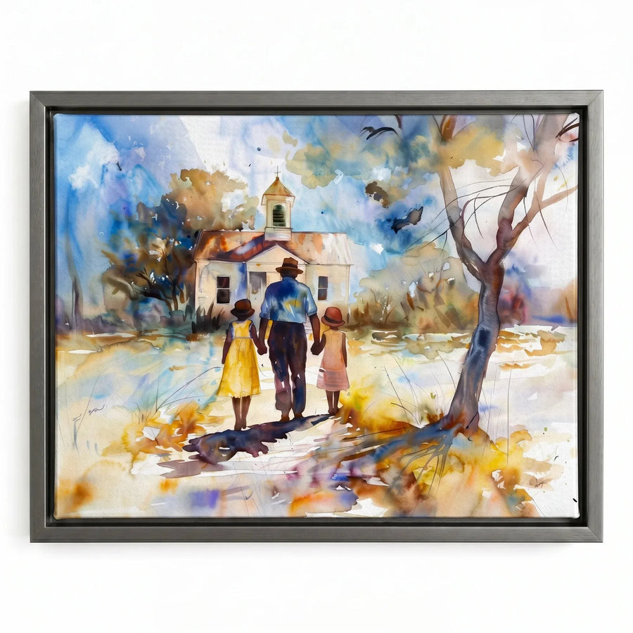 Gullah Geechee Sunday Best art in silver floating frame, modern Black family walking to country church, watercolor. Digital mockup.