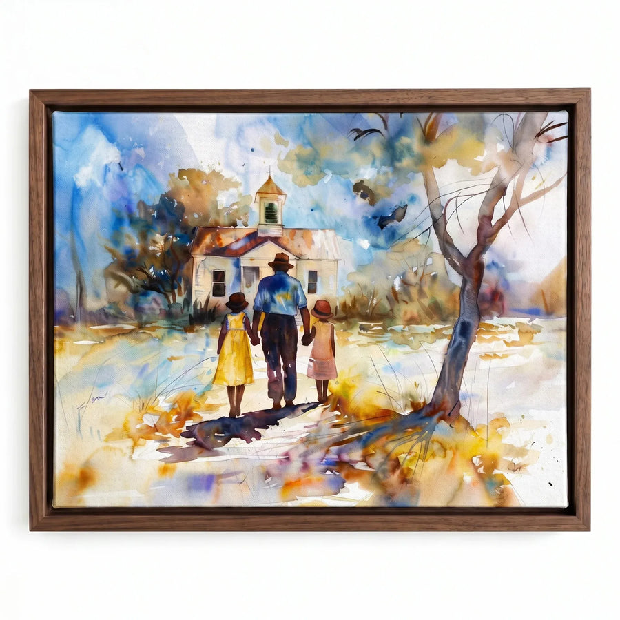 Gullah Geechee Sunday Best art in walnut floating frame, watercolor Black family walking to church Sunday. Digital mockup.
