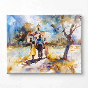 Gullah Geechee Sunday Best art stretched canvas, ready to hang. Black family walking to country church, watercolor. Digital mockup.