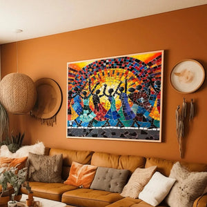 Urban Black aesthetic wall art in terracotta living room with cognac sectional and pampas, mosaic African dancers art. Digital mockup.
