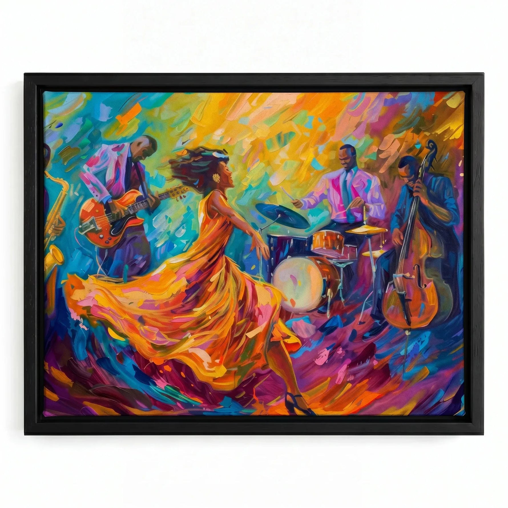 Harlem Renaissance style prints in black floating frame, vivid impasto Black jazz quartet with twirling dancer in orange gown. Digital mockup.
