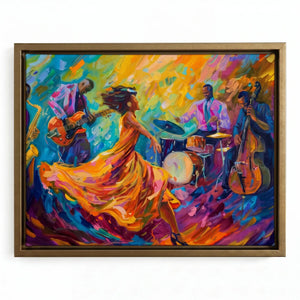 Harlem Renaissance style prints in gold floating frame, vibrant Black jazz quartet with twirling dancer impasto oil painting. Digital mockup.