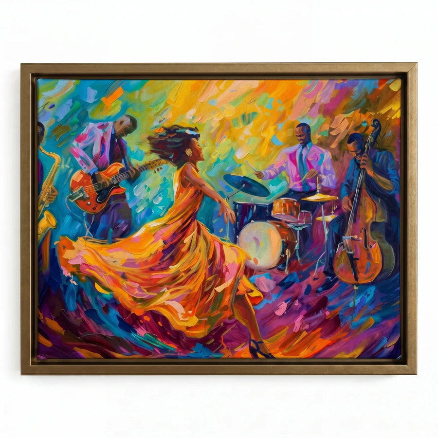 Harlem Renaissance style prints in gold floating frame, vibrant Black jazz quartet with twirling dancer impasto oil painting. Digital mockup.