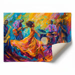 Harlem Renaissance style prints rolled canvas print ready for custom framing, Black jazz quartet with dancer. Digital mockup.