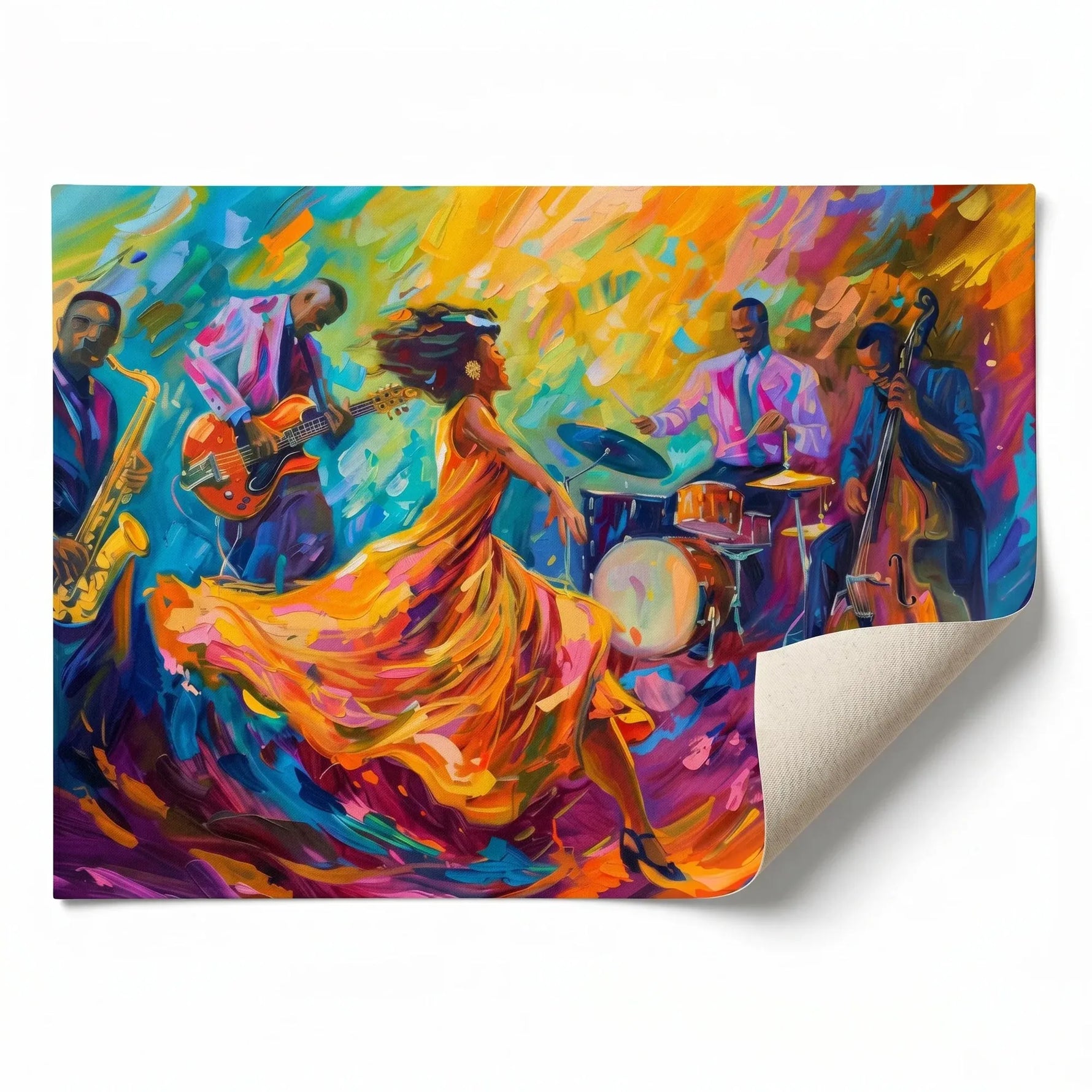 Harlem Renaissance style prints rolled canvas print ready for custom framing, Black jazz quartet with dancer. Digital mockup.