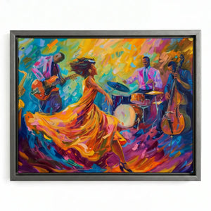 Harlem Renaissance style prints in silver floating frame, modern Black jazz quartet with twirling dancer, impasto painting. Digital mockup.