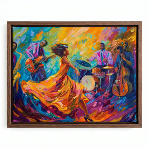 Harlem Renaissance style prints in walnut floating frame, expressionist Black jazz quartet with dancer in orange gown. Digital mockup.