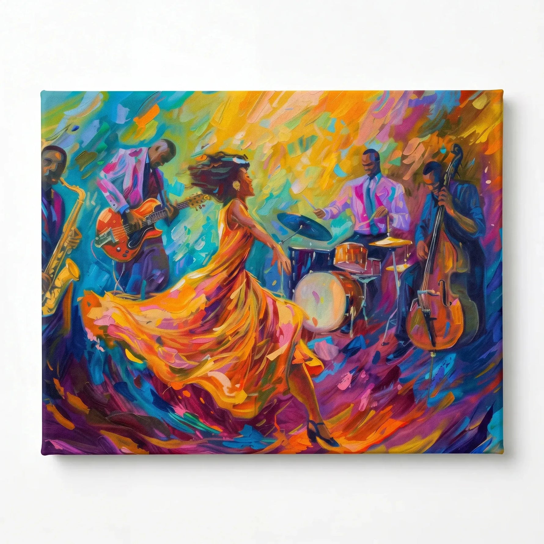 Harlem Renaissance style prints stretched canvas, ready to hang. Black jazz quartet with twirling dancer in orange gown. Digital mockup.