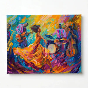 Harlem Renaissance style prints stretched canvas, ready to hang. Black jazz quartet with twirling dancer in orange gown. Digital mockup.