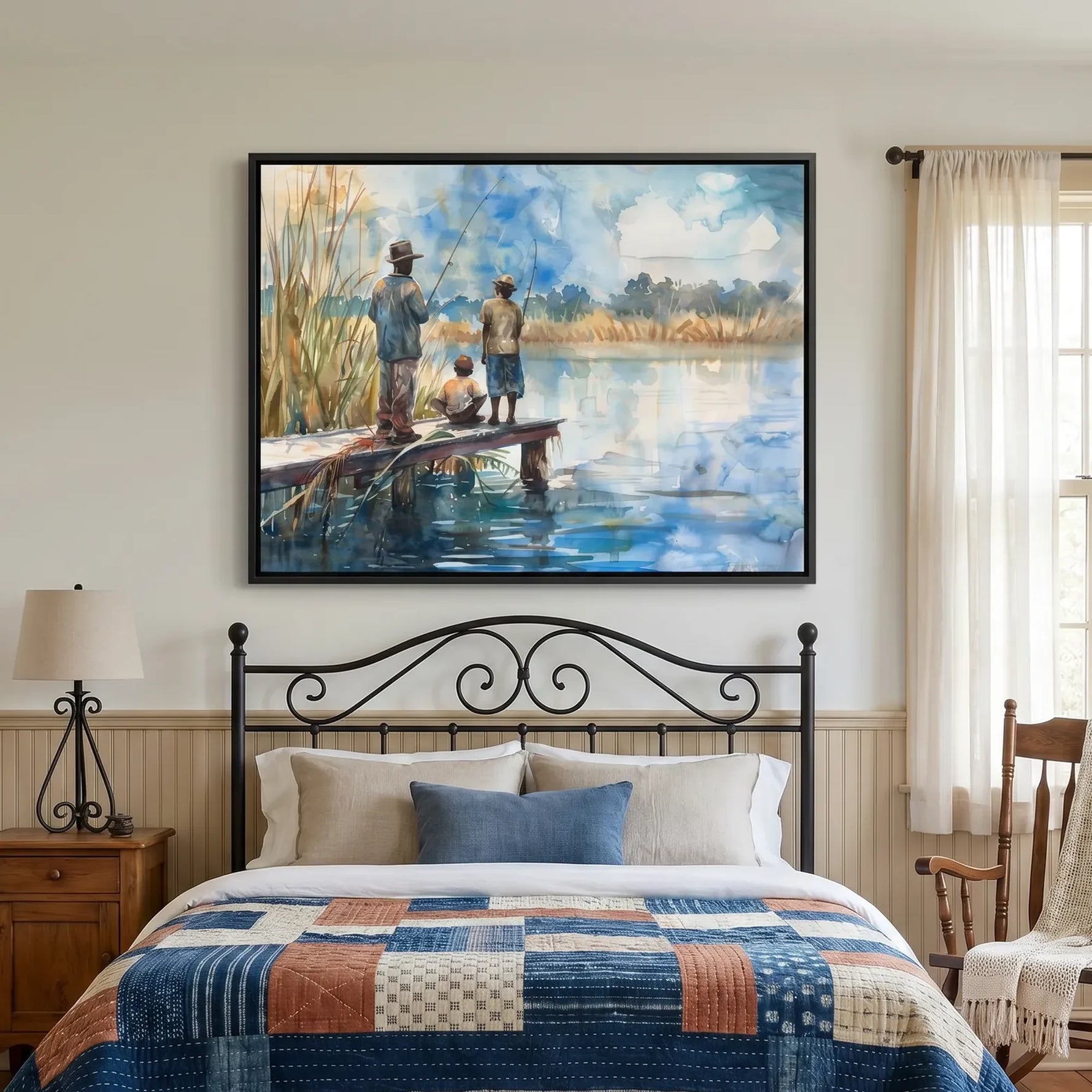Lowcountry art in vintage farmhouse with iron bed and patchwork quilt, Black men and child fishing on dock. Digital mockup.