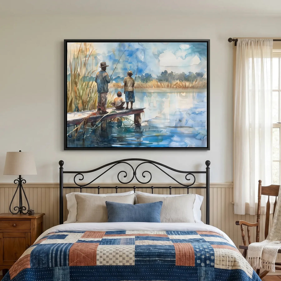 Lowcountry art in vintage farmhouse with iron bed and patchwork quilt, Black men and child fishing on dock. Digital mockup.