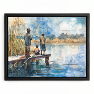 Gullah Geechee art in black floating frame, watercolor of two Black men and child fishing on dock in lowcountry marsh. Digital mockup.