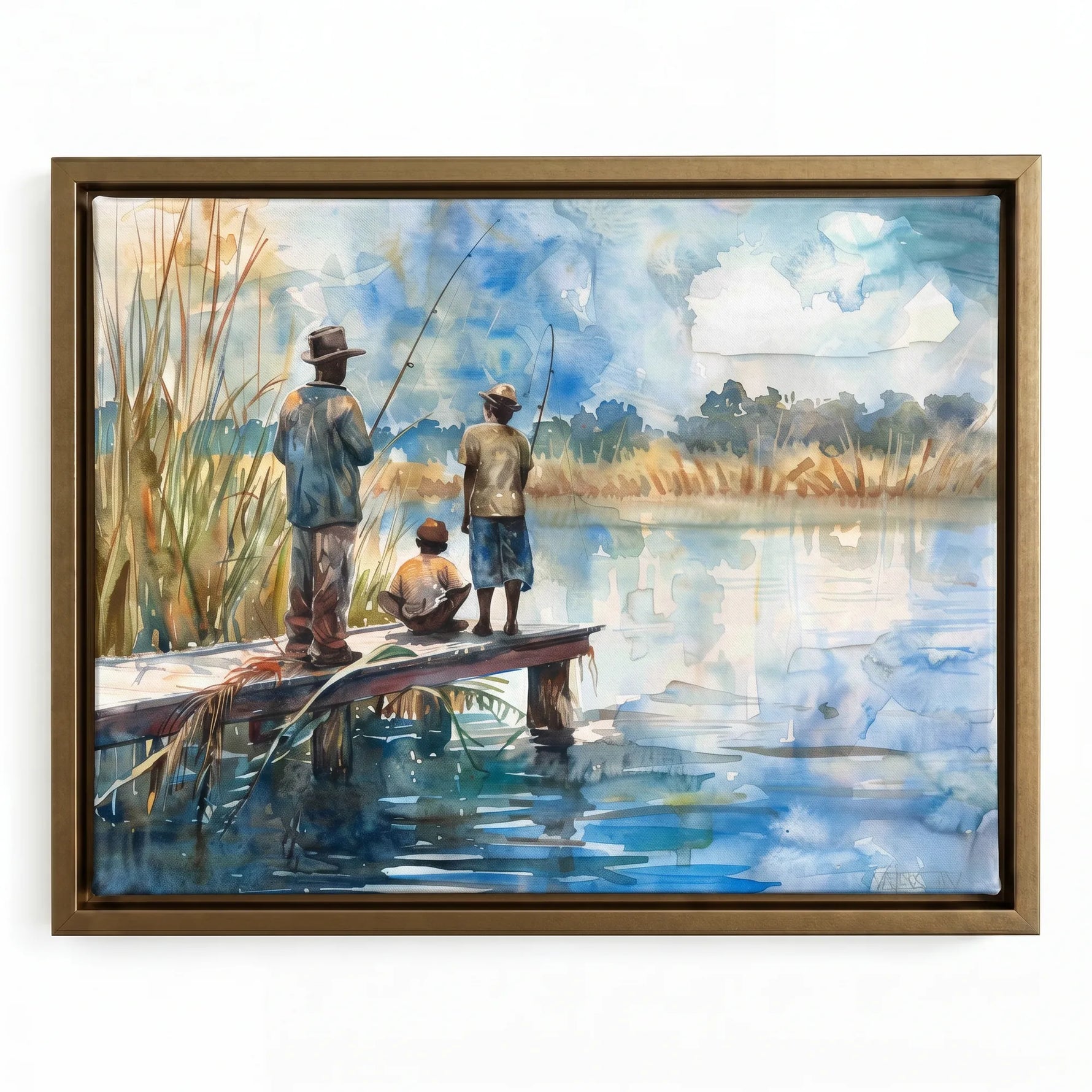 Gullah Geechee art in gold floating frame, watercolor of Black men with child fishing on dock in lowcountry waterway. Digital mockup.