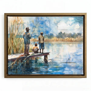 Gullah Geechee art in gold floating frame, watercolor of Black men with child fishing on dock in lowcountry waterway. Digital mockup.