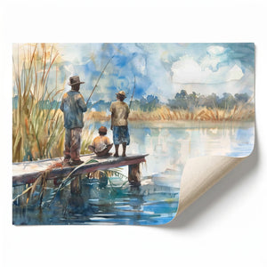 Gullah Geechee art rolled canvas print ready for custom framing, Black men and child fishing on dock watercolor. Digital mockup.
