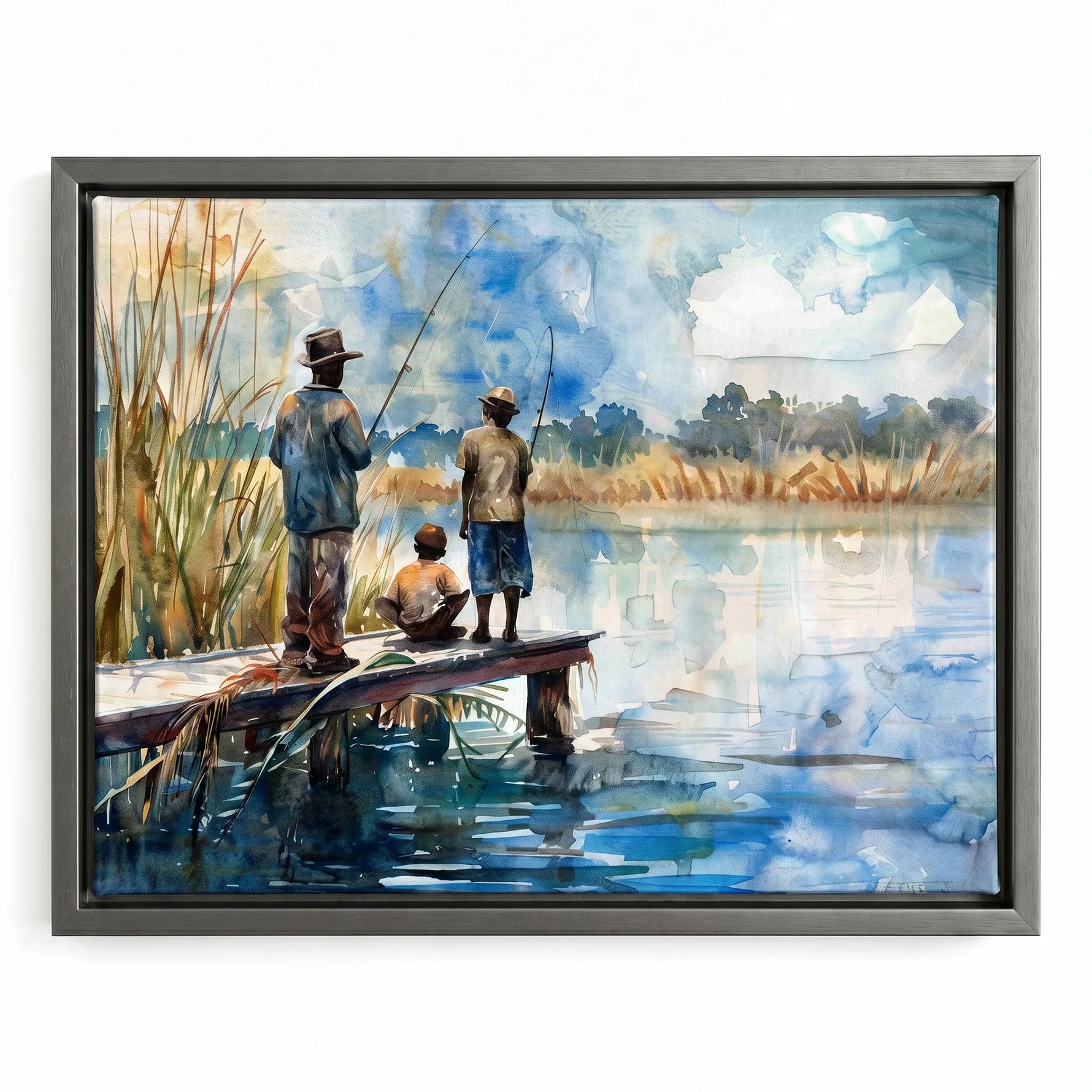 Gullah Geechee art in silver floating frame, modern watercolor of Black men and child fishing on lowcountry dock. Digital mockup.