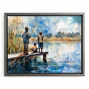 Gullah Geechee art in silver floating frame, modern watercolor of Black men and child fishing on lowcountry dock. Digital mockup.
