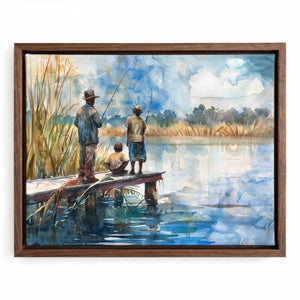 Gullah Geechee art in walnut floating frame, watercolor of Black men and child fishing from wooden dock at marsh. Digital mockup.