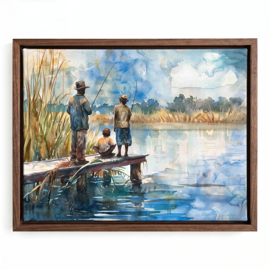 Gullah Geechee art in walnut floating frame, watercolor of Black men and child fishing from wooden dock at marsh. Digital mockup.
