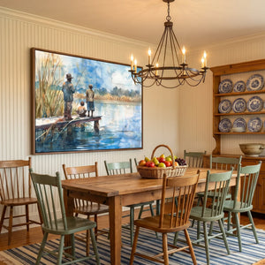 Lowcountry art in farmhouse dining with beadboard and Windsor chairs, Black men and child fishing on dock. Digital mockup.