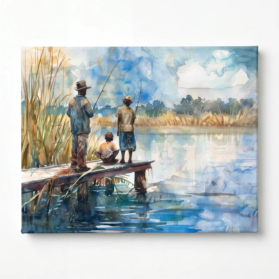 Gullah Geechee art stretched canvas, ready to hang. Watercolor of Black men and child fishing on lowcountry dock. Digital mockup.