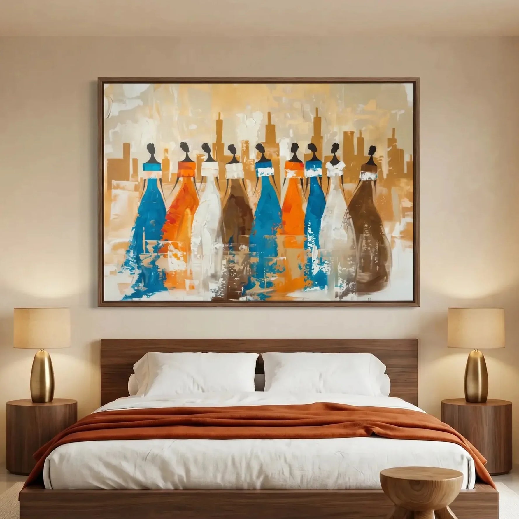 African American art for bedroom in modern bedroom with walnut platform bed and brass lamps, African women silhouettes. Digital mockup.