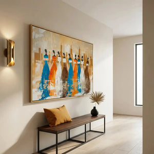 Modern Black art for apartment in minimalist hallway with brass sconce and walnut bench, African women heritage silhouettes. Digital mockup.