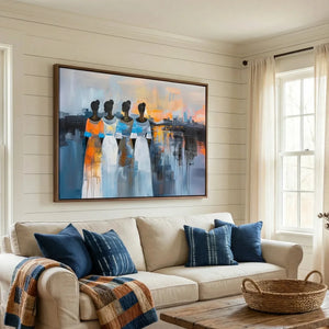 Black art for living room in farmhouse style with shiplap and brick fireplace, four Black women at sunset abstract. Digital mockup.
