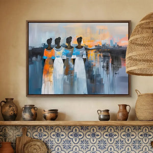 African American kitchen canvas in Mediterranean kitchen with blue tile and rattan pendant, four Black women at sunset. Digital mockup.