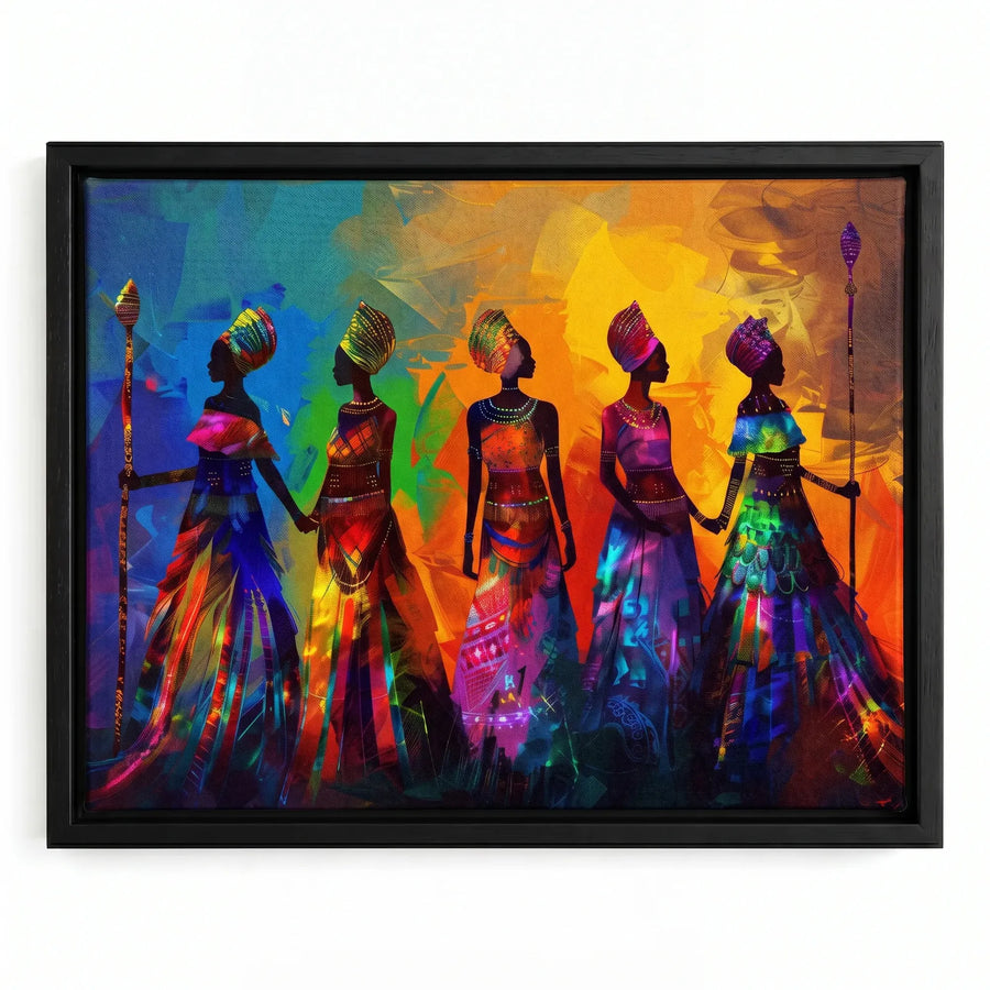 Textured African American art prints in black floating frame, vibrant five tribal African women with staffs in headwraps. Digital mockup.