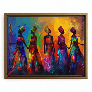 Textured African American art prints in gold floating frame, painterly five African women in rainbow dresses with staffs. Digital mockup.