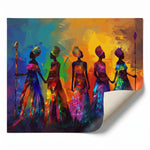 Textured African American art prints rolled canvas print ready for custom framing, five colorful tribal African women. Digital mockup.