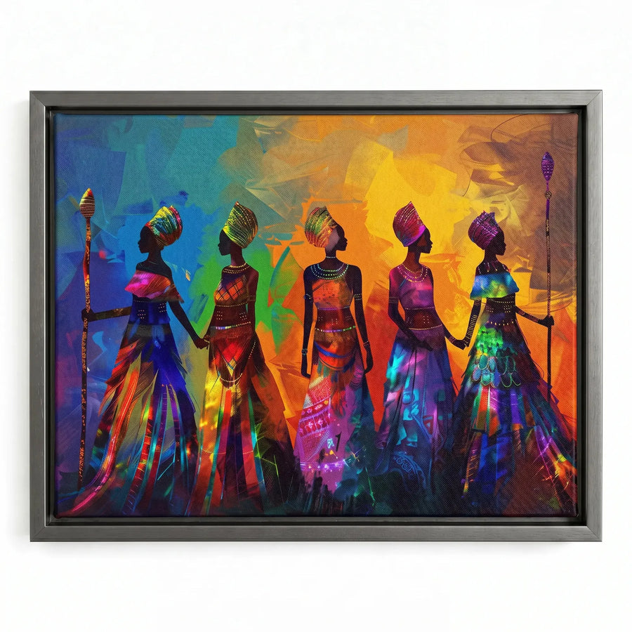 Textured African American art prints in silver floating frame, modern five tribal African women in rainbow dresses. Digital mockup.