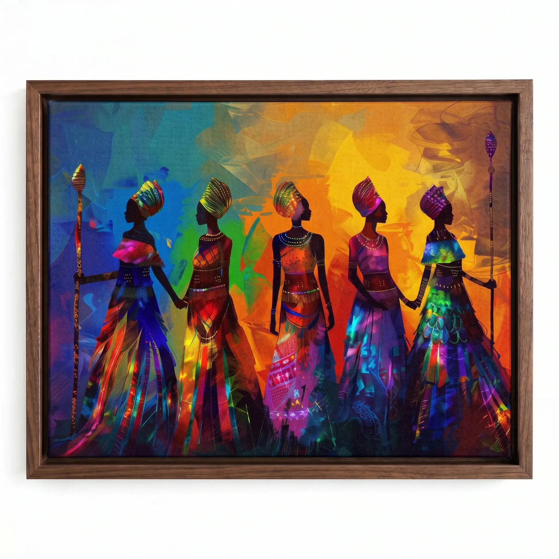 Textured African American art prints in walnut floating frame, colorful five tribal African women holding hands. Digital mockup.