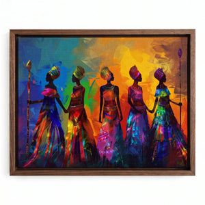 Textured African American art prints in walnut floating frame, colorful five tribal African women holding hands. Digital mockup.