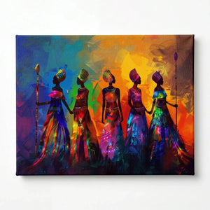 Textured African American art prints stretched canvas, ready to hang. Five colorful tribal African women with staffs. Digital mockup.