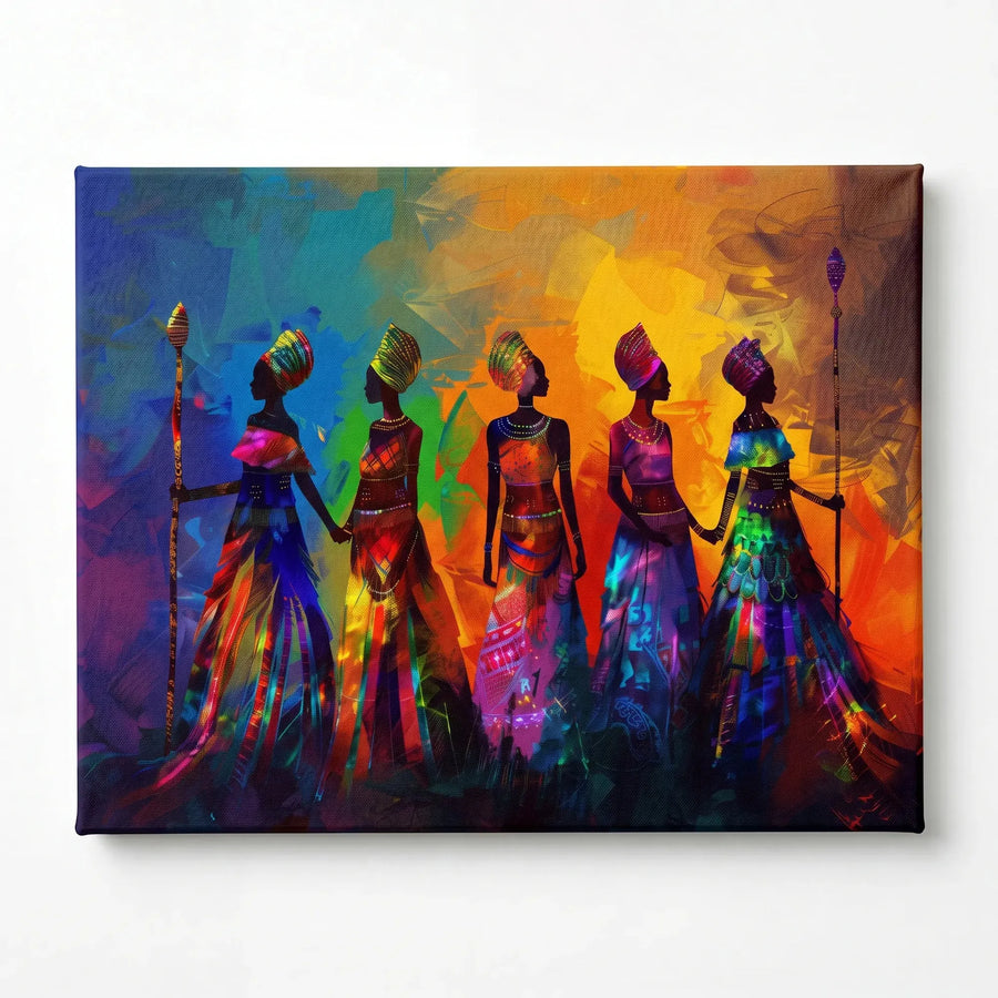 Textured African American art prints stretched canvas, ready to hang. Five colorful tribal African women with staffs. Digital mockup.