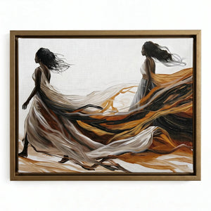 Urban Black aesthetic wall art in gold floating frame, abstract two Black women walking through earthy fabric. Digital mockup.